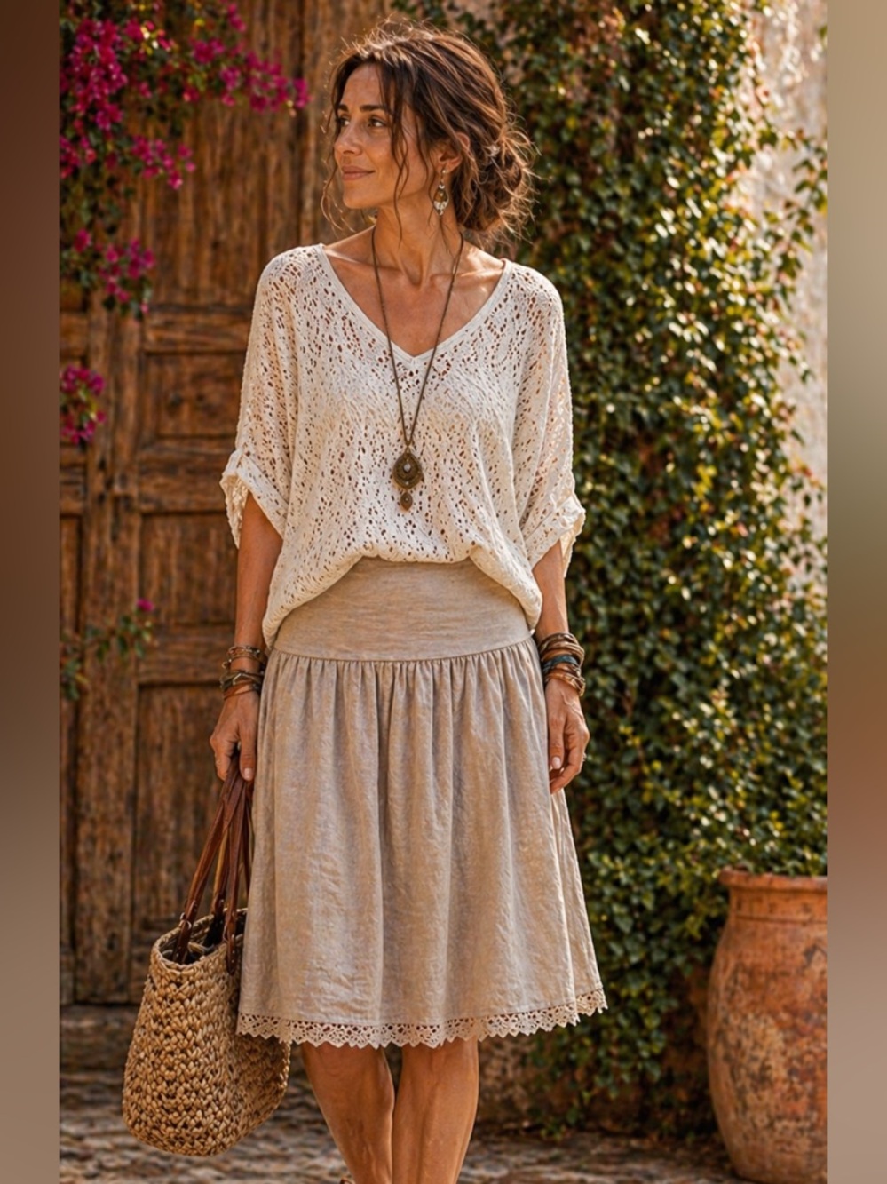 Laura Bianchi Italy Linen Skirt Boho Knee Length Lace Trim